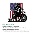 Motocross metal sign feature graphic showing a dirt bike rider and American flag artwork
