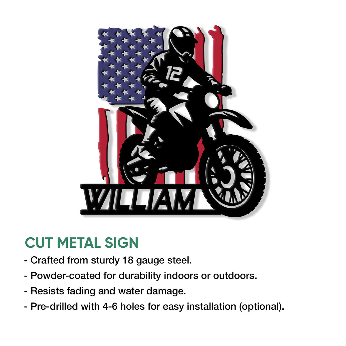 Motocross metal sign feature graphic showing a dirt bike rider and American flag artwork