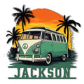 Hippie metal sign featuring a vintage camper van, palm trees, peace symbol, and bright tropical sunset