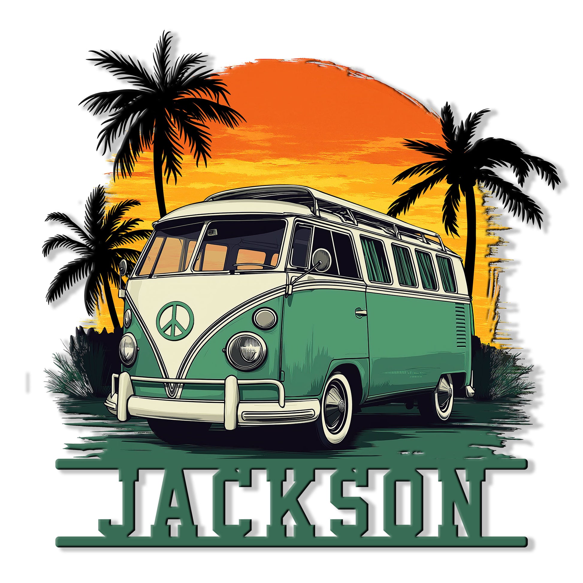 Hippie metal sign featuring a vintage camper van, palm trees, peace symbol, and bright tropical sunset