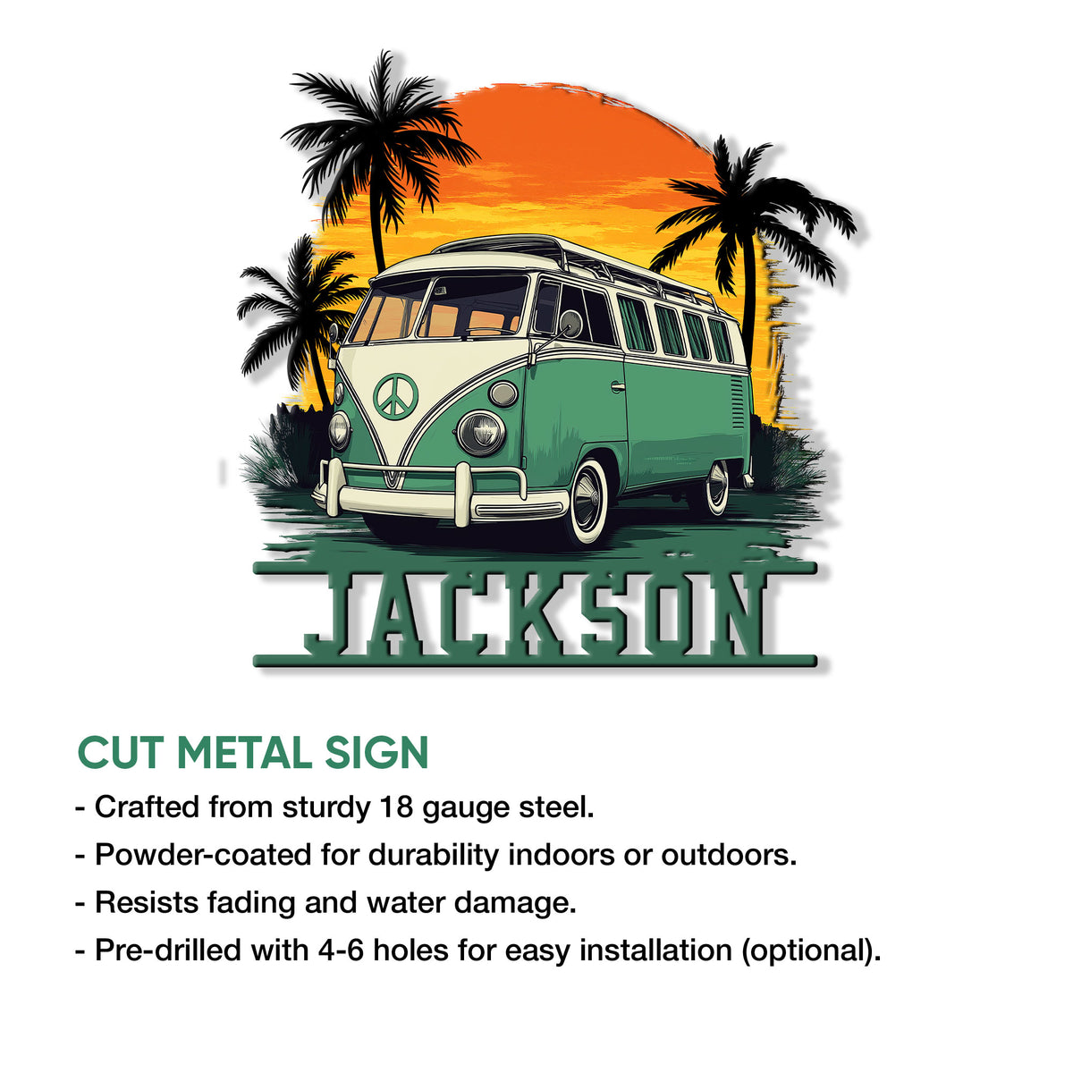 Cut metal sign artwork showing a colorful retro camper van beneath palm trees and a glowing sunset