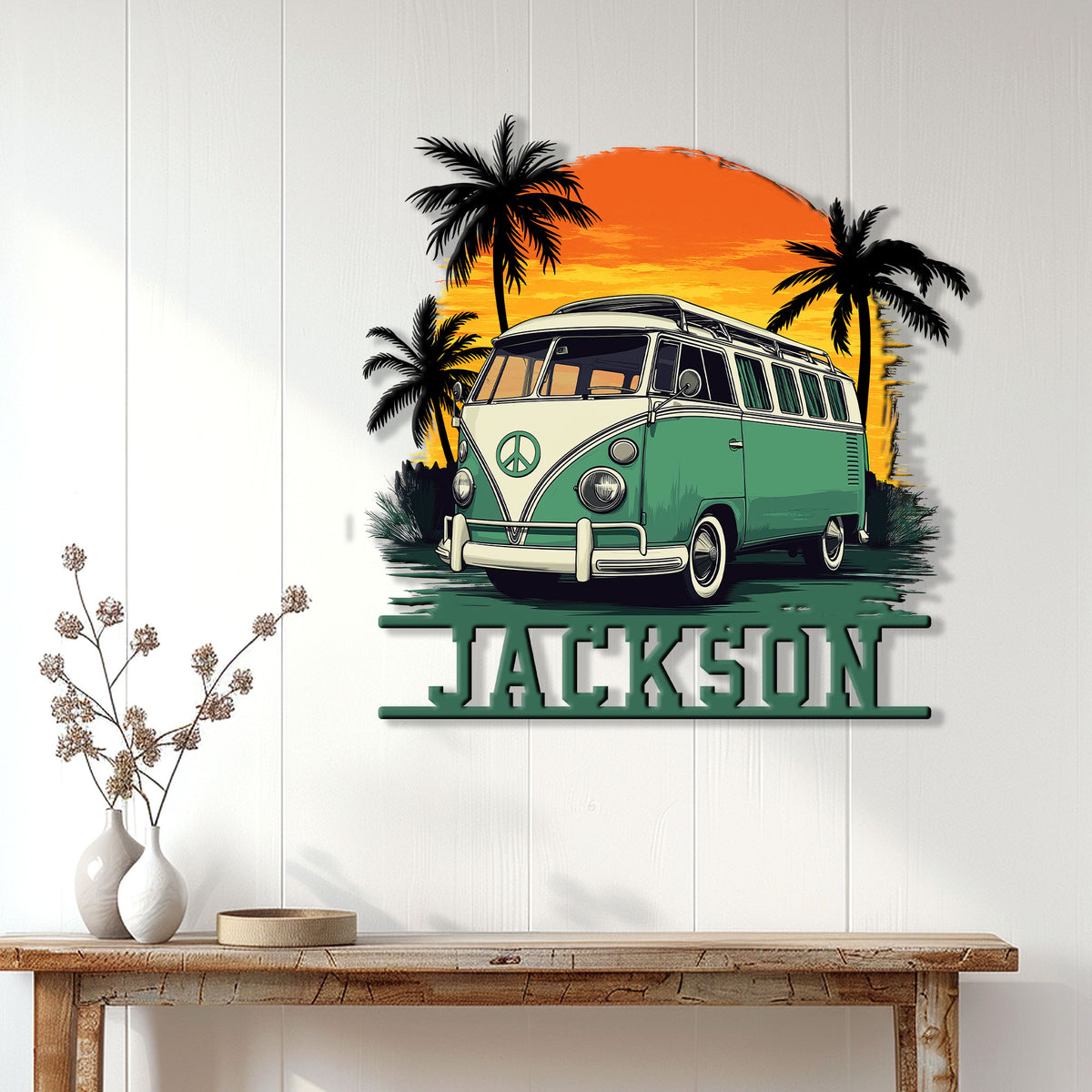 Hippie camper van wall sign displayed on a white paneled wall above a rustic console table