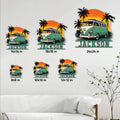 Hippie camper van metal sign size guide showing six square size options in a living room setting