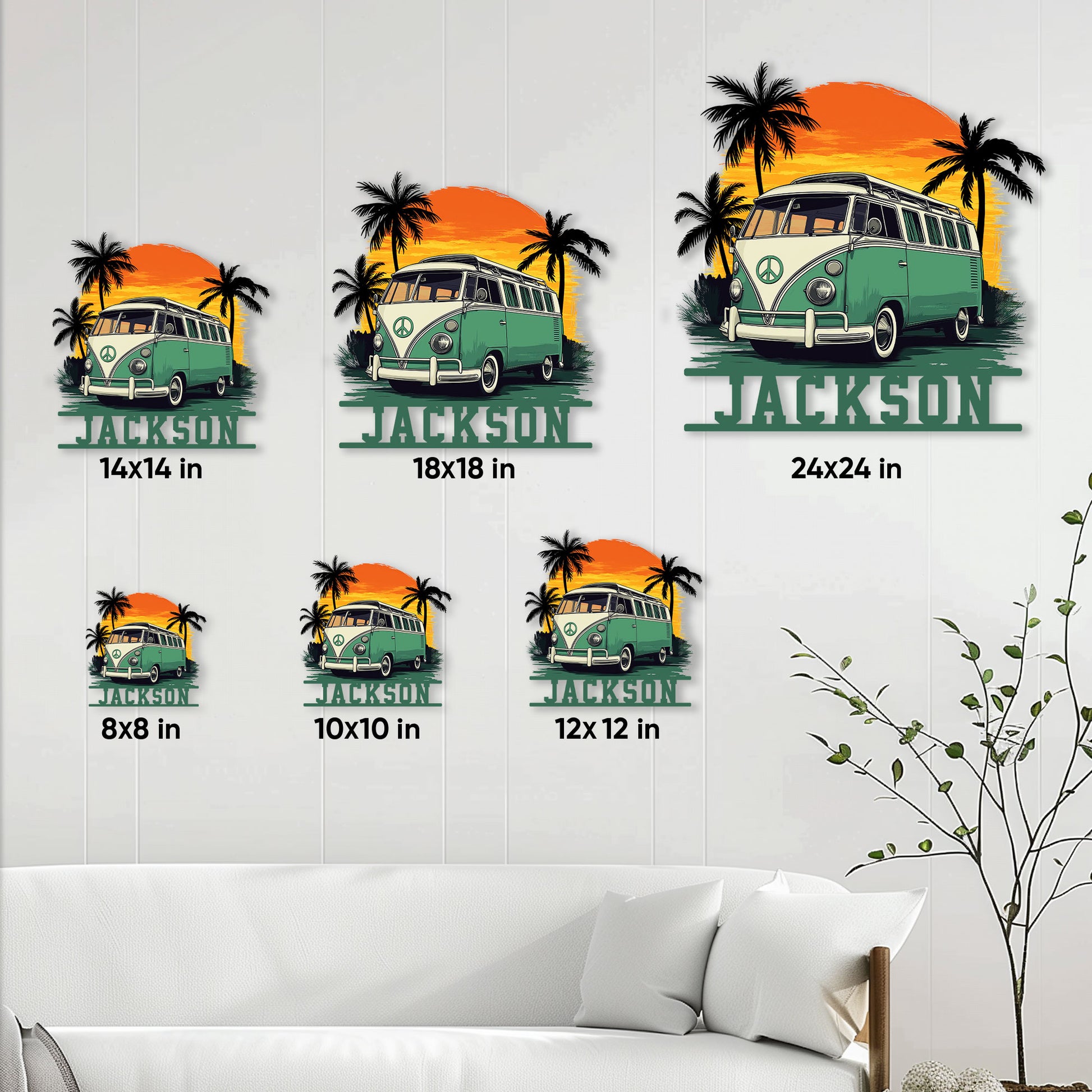 Hippie camper van metal sign size guide showing six square size options in a living room setting