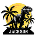 Custom dinosaur metal sign featuring a roaring T-Rex, palm trees, and a bold tropical sunset design