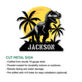 T-Rex dinosaur metal sign shown with cut-metal construction and indoor or outdoor display details