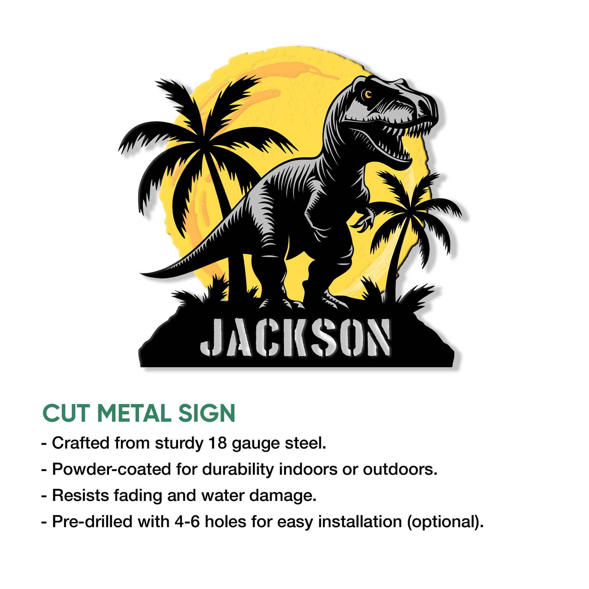 T-Rex dinosaur metal sign shown with cut-metal construction and indoor or outdoor display details