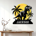 Tropical T-Rex metal wall sign displayed above a console table in a bright home interior