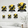 Dinosaur metal sign size guide showing square options from 8 by 8 inches to 24 by 24 inches