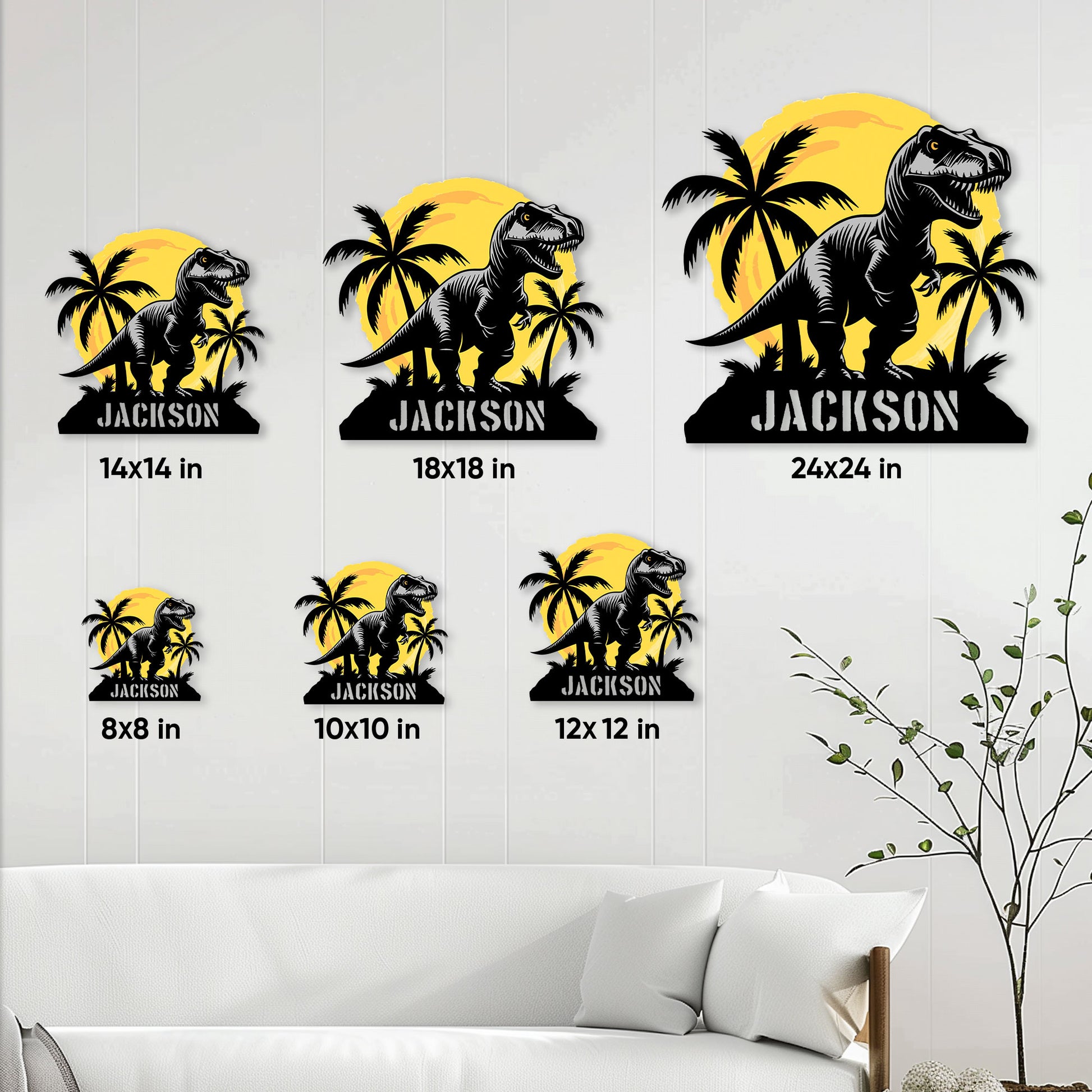 Dinosaur metal sign size guide showing square options from 8 by 8 inches to 24 by 24 inches