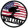 Round skiing metal sign with a freestyle skier silhouette grinding a rail over a distressed American flag background