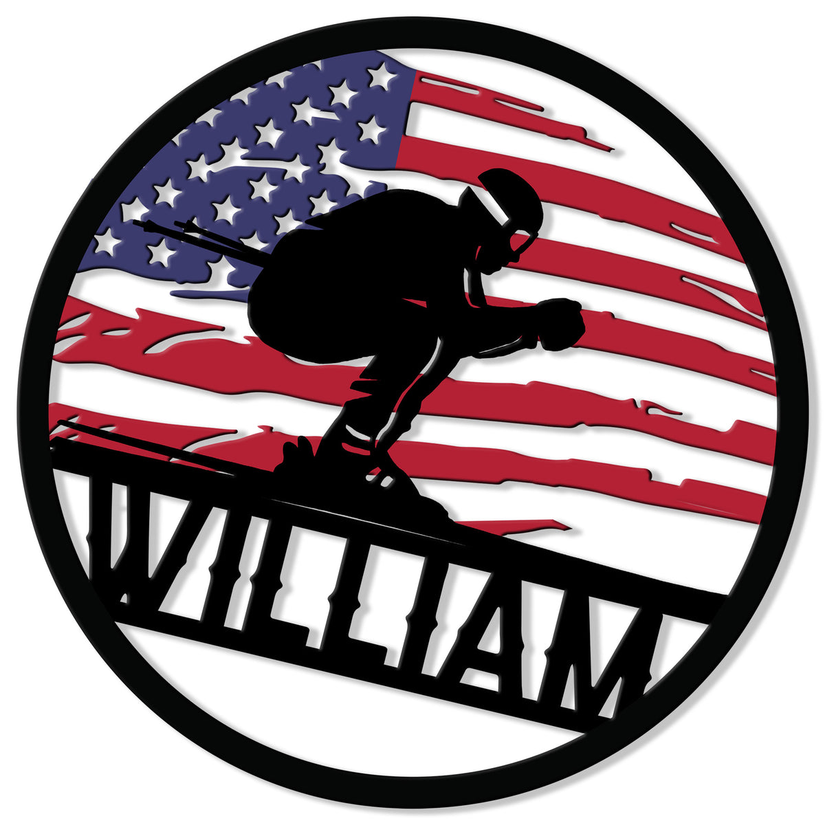 Round skiing metal sign with a freestyle skier silhouette grinding a rail over a distressed American flag background