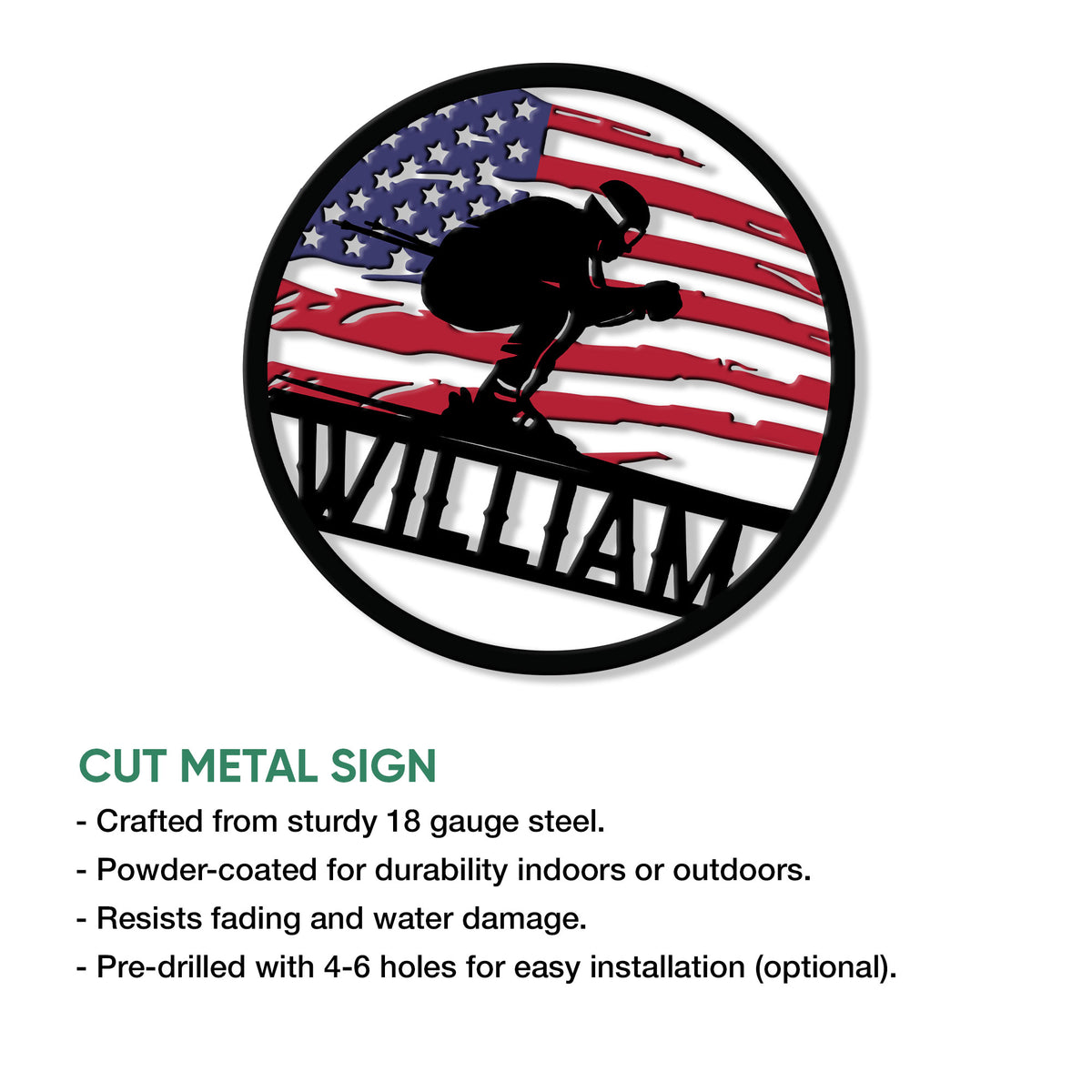 Freestyle skiing metal sign shown with a cut-metal product feature guide for indoor or outdoor display