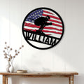 Skiing wall decor displayed above a console table, featuring a skier silhouette and American flag design