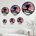Skiing metal sign size guide showing several available round size options in a living room setting