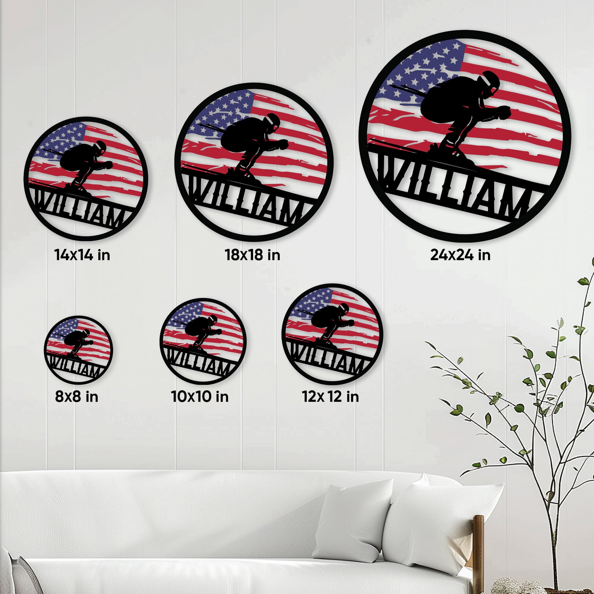 Skiing metal sign size guide showing several available round size options in a living room setting