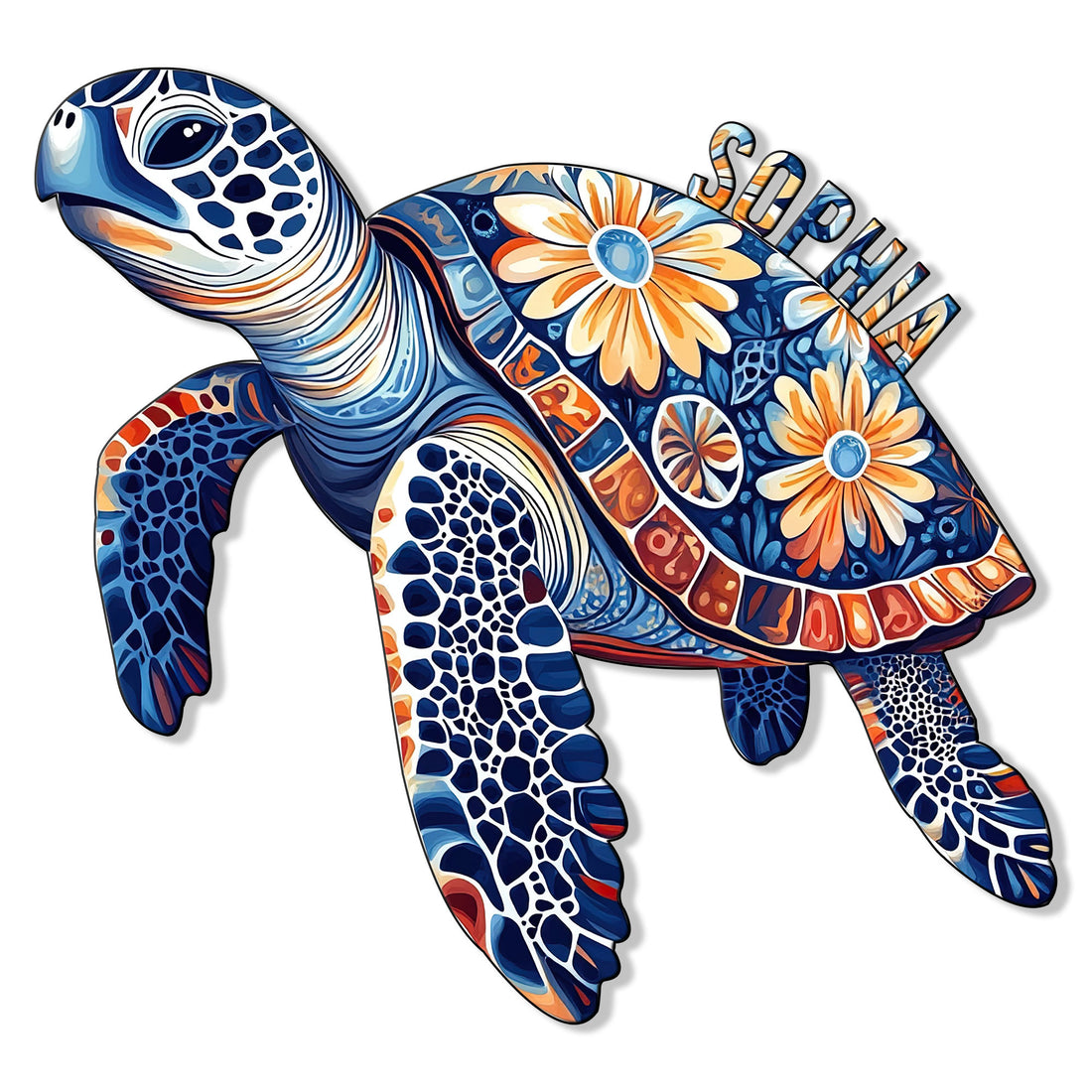 Colorful sea turtle metal sign with blue patterned shell, orange flowers, and artistic coastal detailing