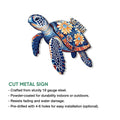 Decorative sea turtle cut metal sign shown with product features for indoor or outdoor display