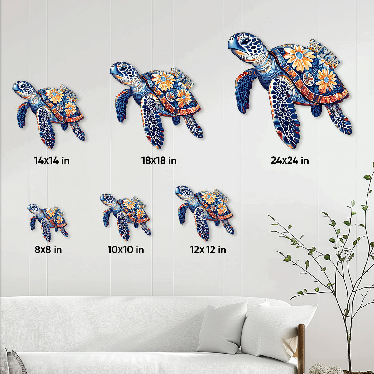 Sea turtle metal wall sign shown in multiple size options above a living room sofa