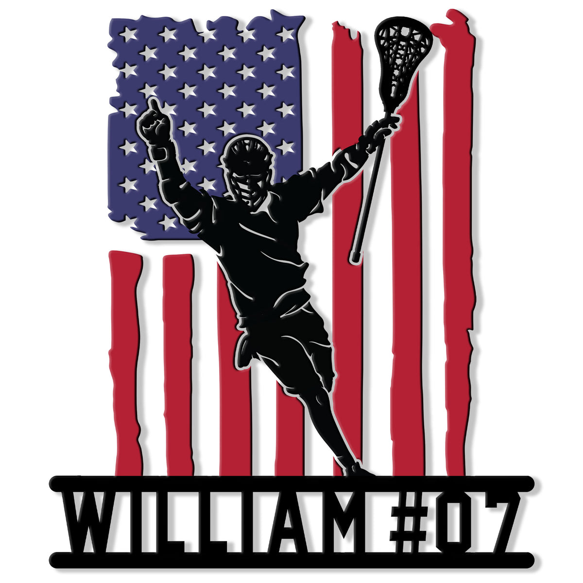 Custom lacrosse metal sign featuring a player with raised stick against an American flag design
