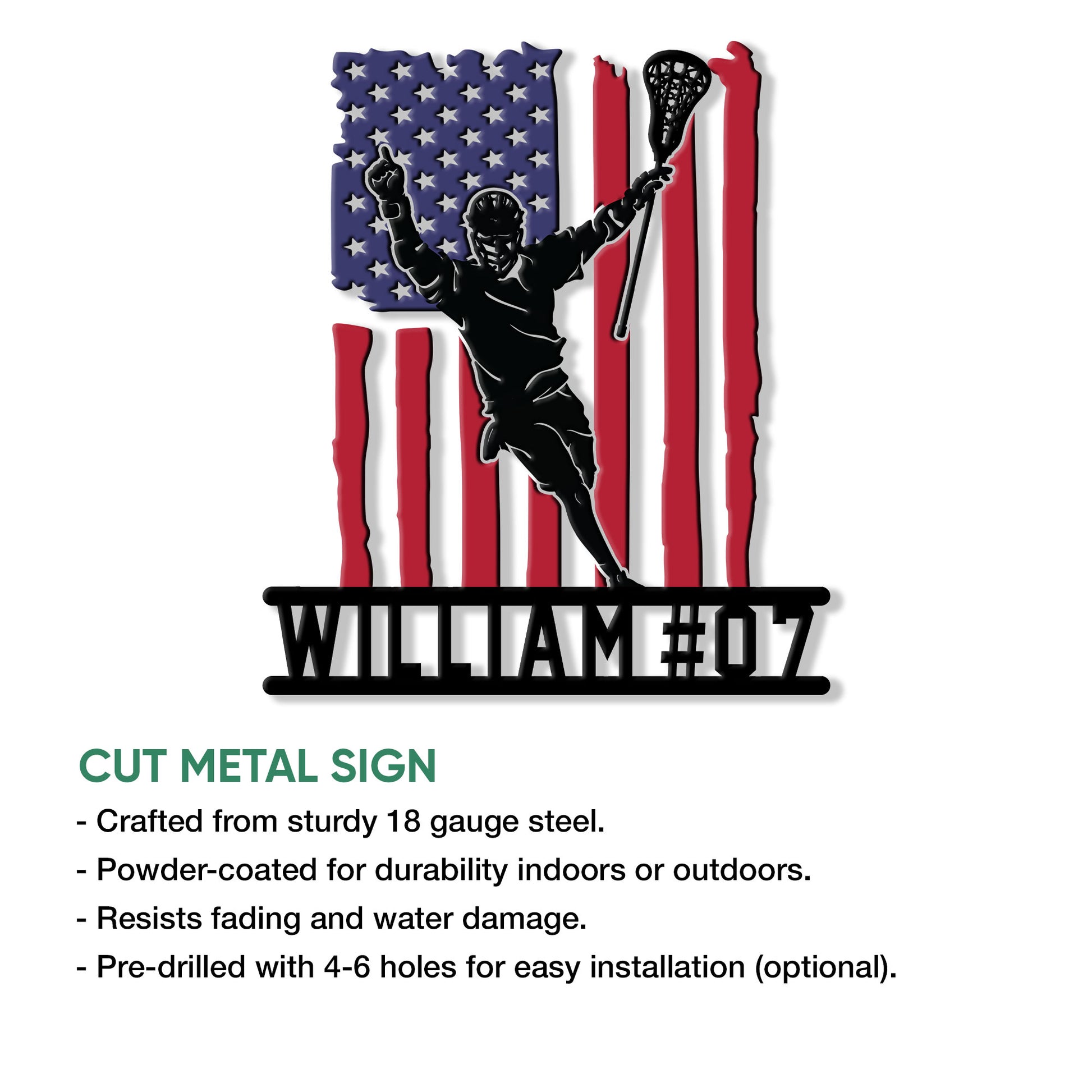 Lacrosse player metal sign with bold American flag artwork and custom sports decor styling