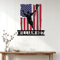 Lacrosse wall sign displayed in a bright home interior with an American flag player design