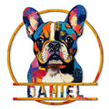 Colorful French Bulldog metal sign featuring a bold pop-art portrait inside a circular frame