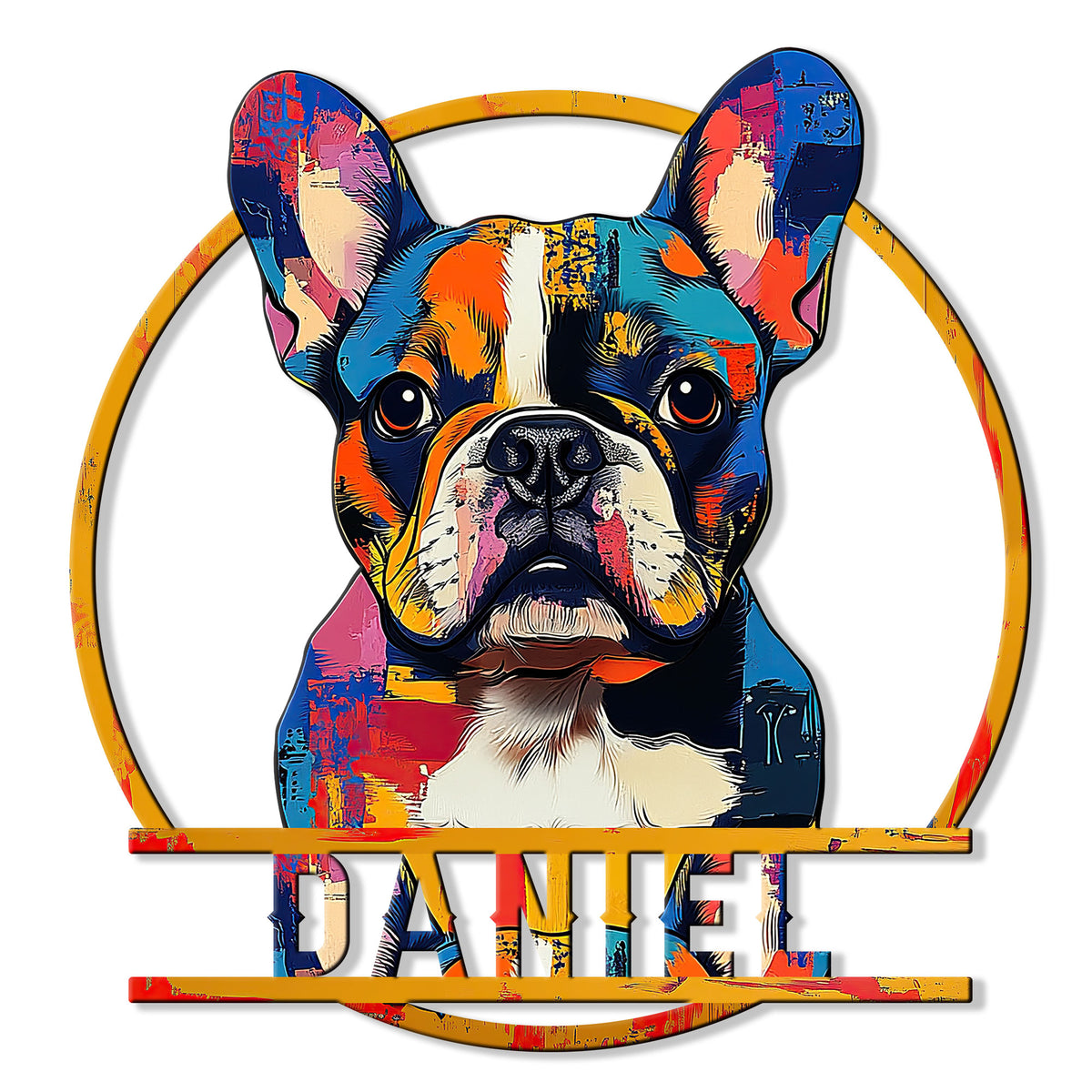 Colorful French Bulldog metal sign featuring a bold pop-art portrait inside a circular frame