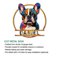 French Bulldog cut metal sign shown with product feature information and vibrant pop-art coloring