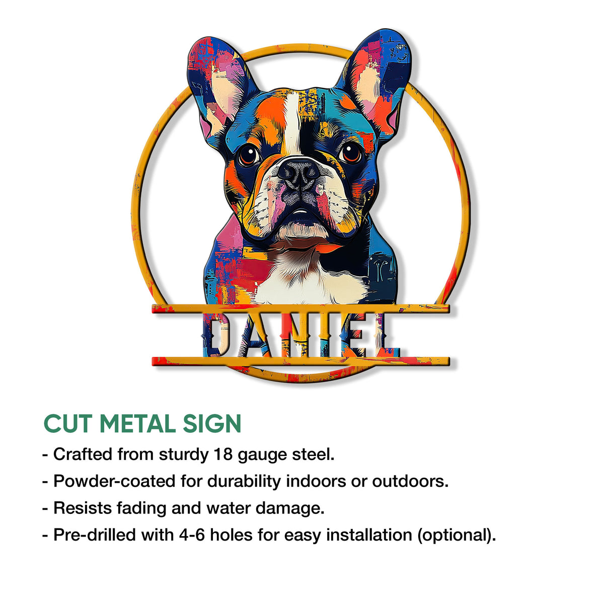 French Bulldog cut metal sign shown with product feature information and vibrant pop-art coloring