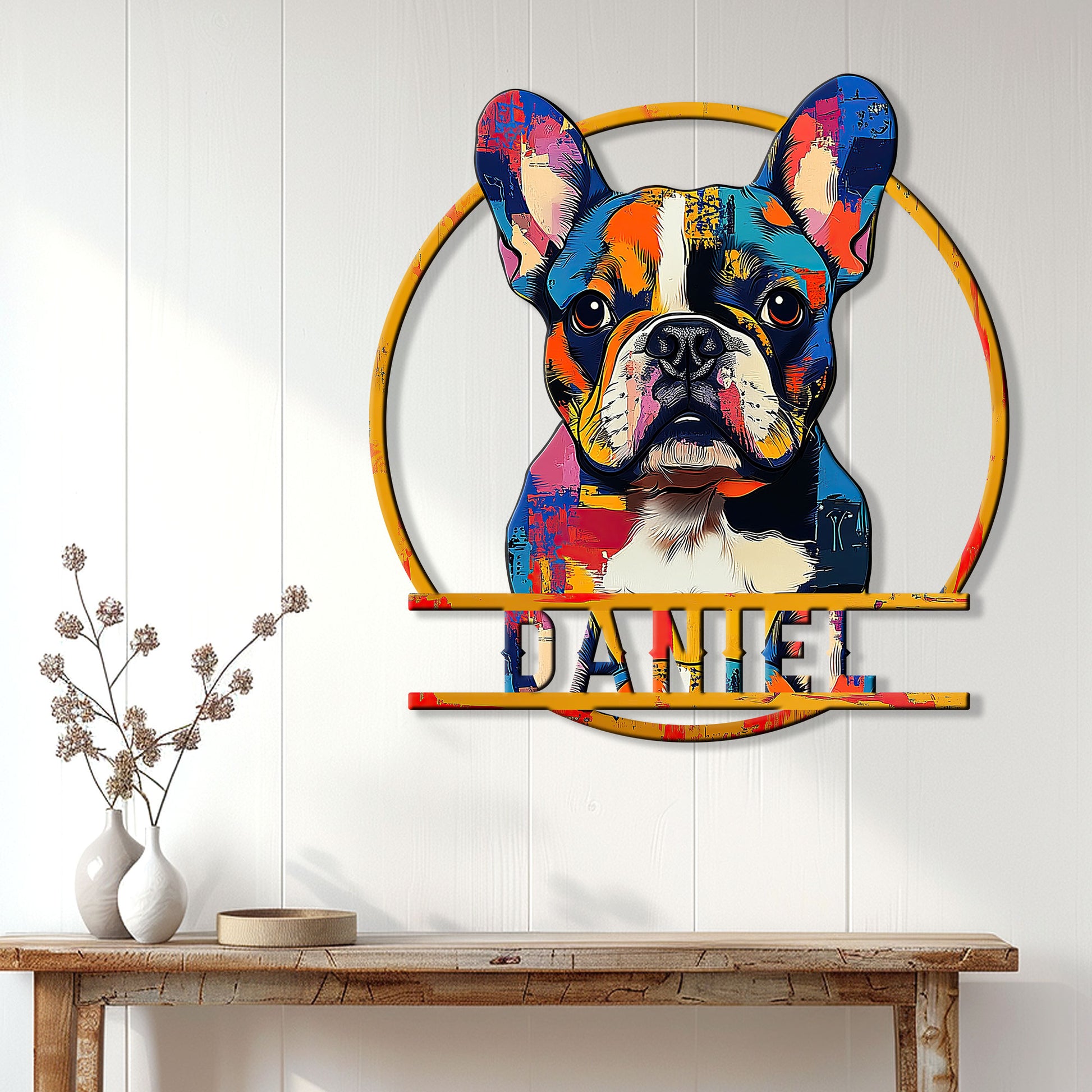 Colorful Frenchie metal wall sign displayed above a console table in a bright home entryway