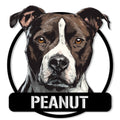 Custom Staffordshire Bull Terrier metal sign featuring a detailed brown and white dog portrait in a bold circular design
