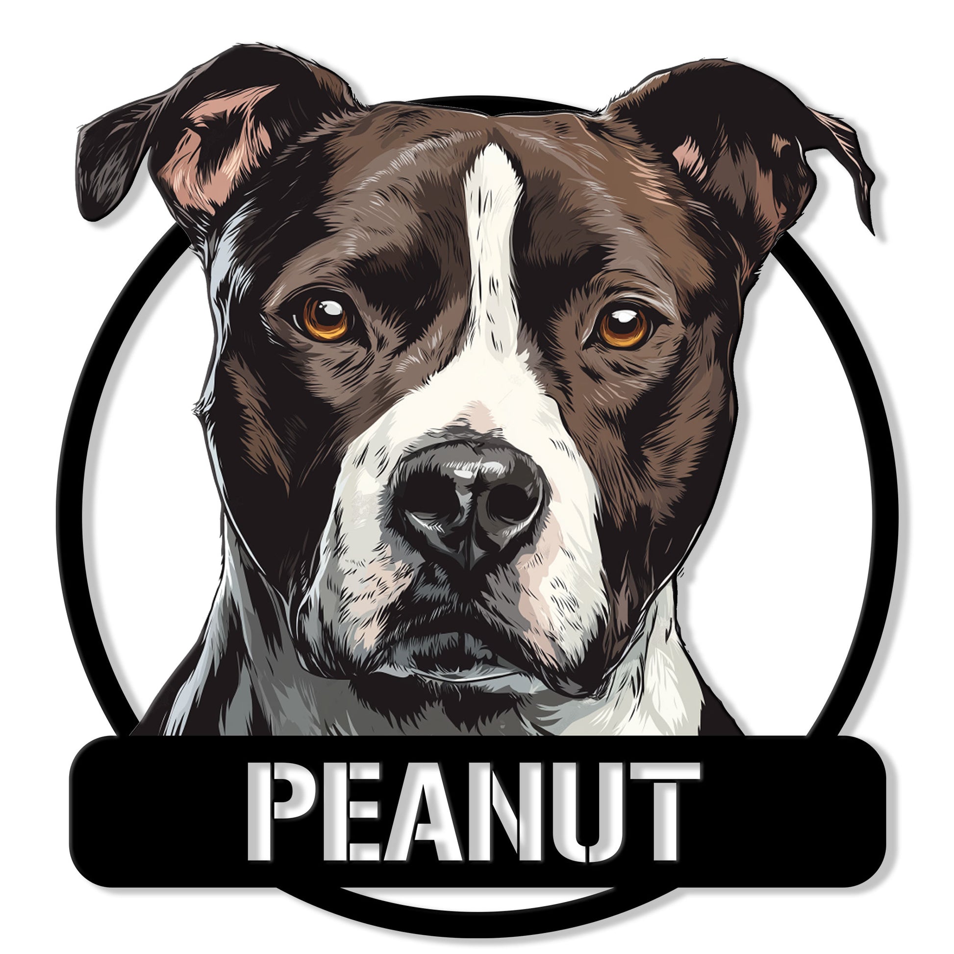 Custom Staffordshire Bull Terrier metal sign featuring a detailed brown and white dog portrait in a bold circular design
