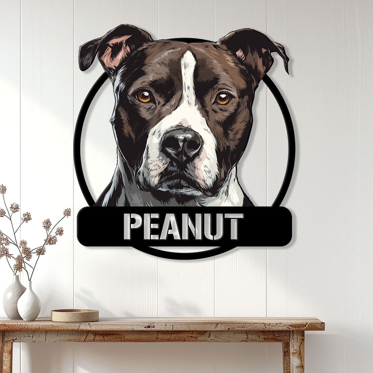Staffordshire Bull Terrier wall sign displayed above a console table in a bright home entryway