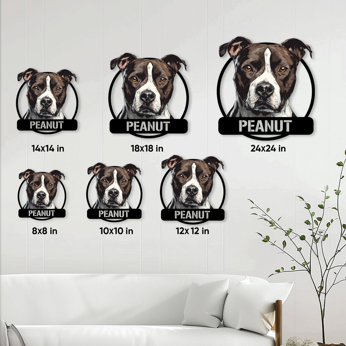Staffordshire Bull Terrier metal sign size guide showing six available square size options