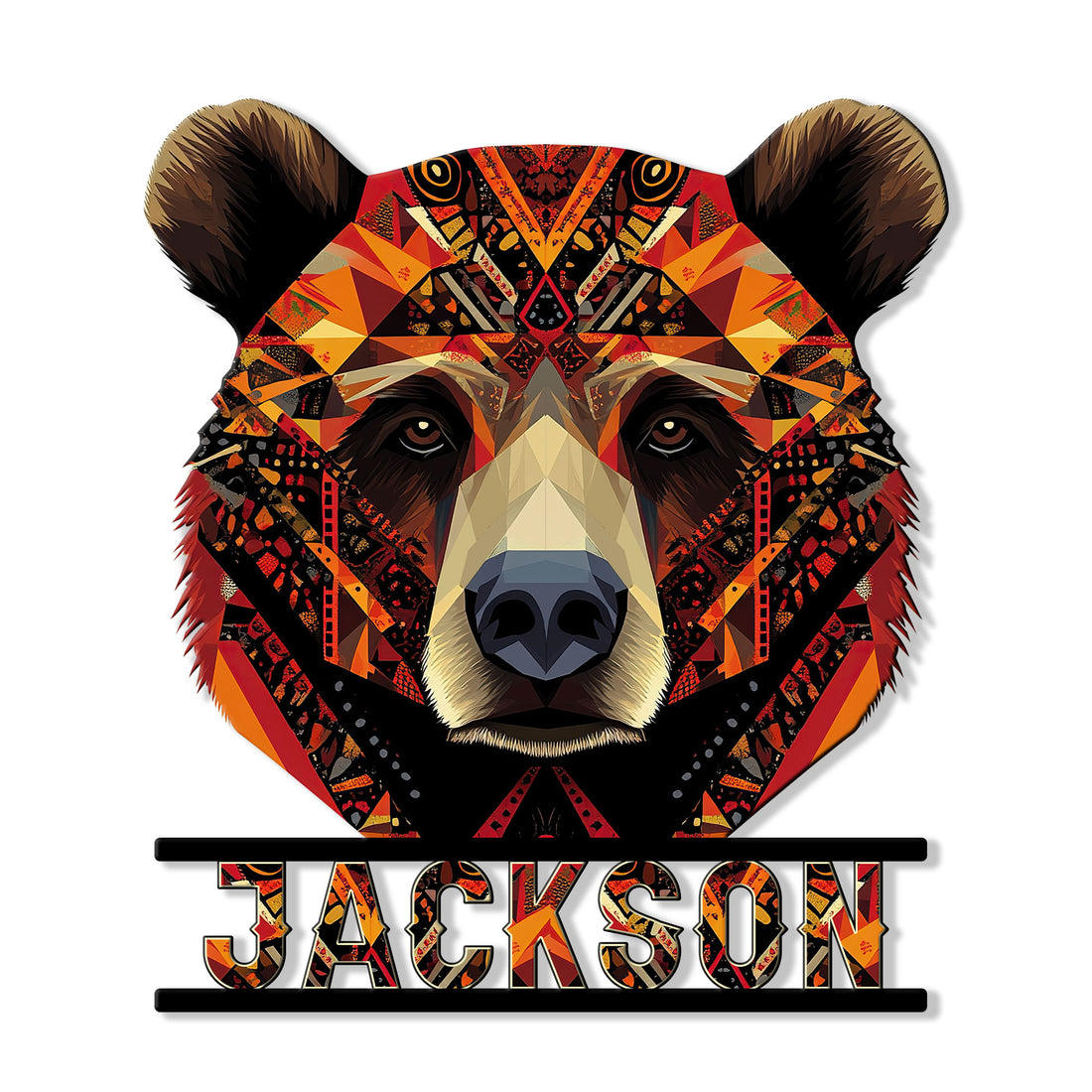 Custom bear metal sign featuring a bold geometric bear portrait in warm orange, red, black, and gold tones