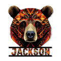 Custom bear metal sign featuring a bold geometric bear portrait in warm orange, red, black, and gold tones