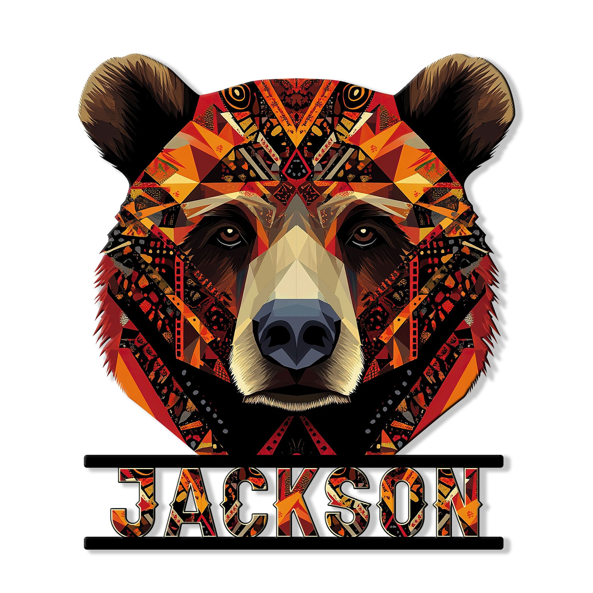 Custom bear metal sign featuring a bold geometric bear portrait in warm orange, red, black, and gold tones