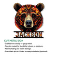 Geometric bear metal sign shown in a product feature graphic highlighting its cut-metal wall decor design