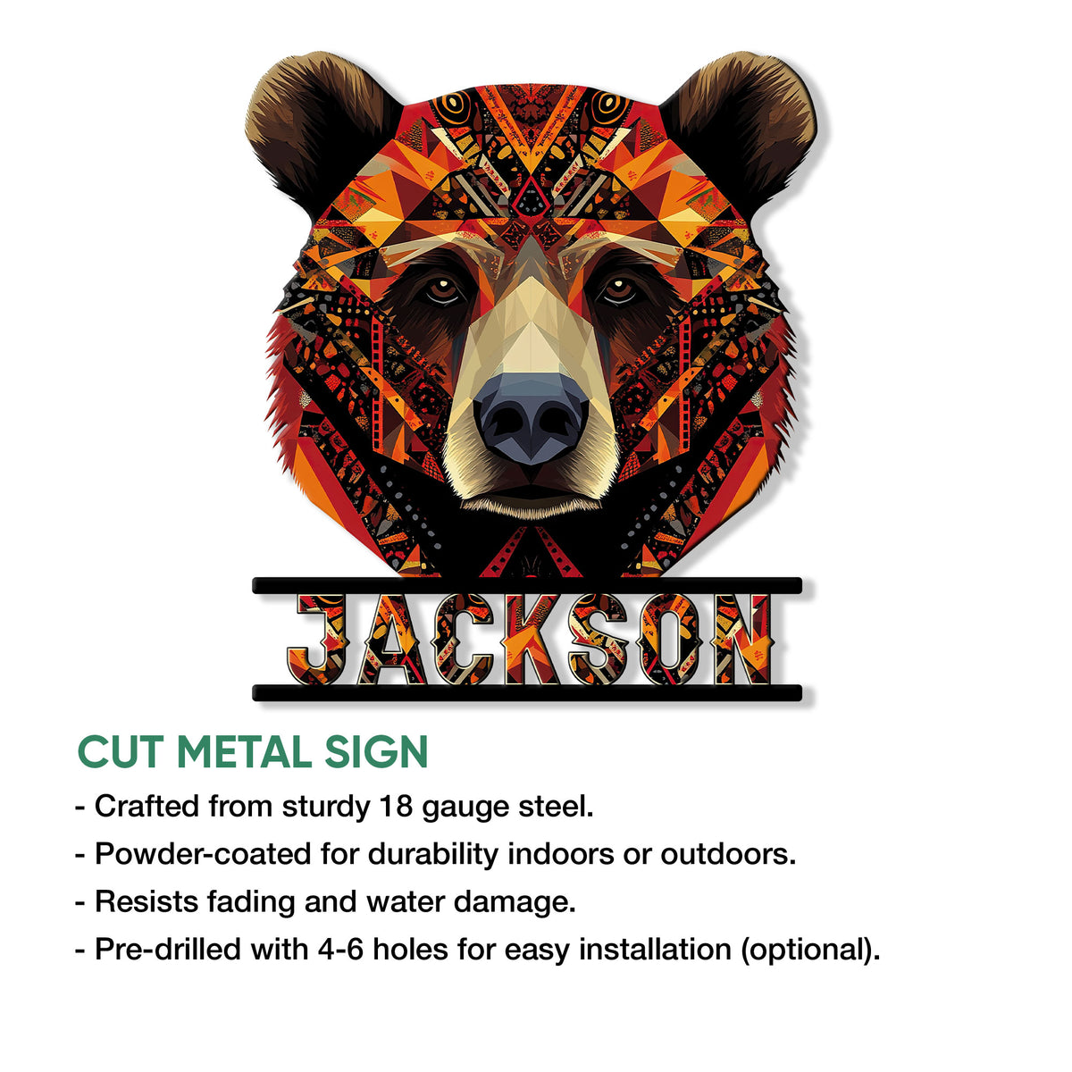 Geometric bear metal sign shown in a product feature graphic highlighting its cut-metal wall decor design