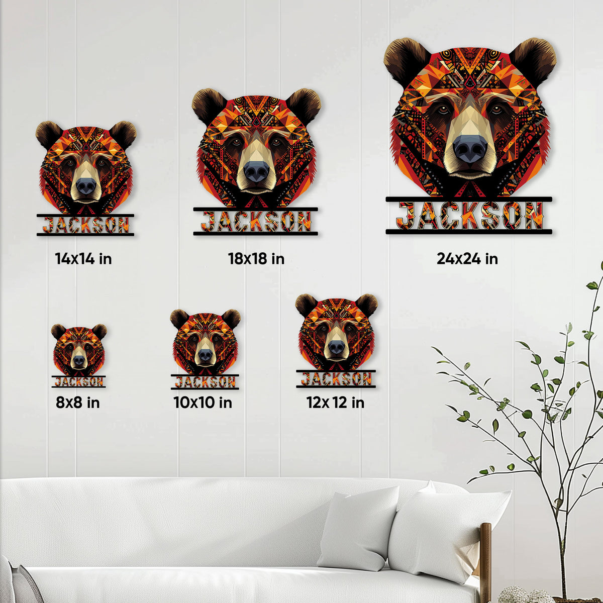 Bear metal sign shown in multiple size options on a light paneled wall above a sofa