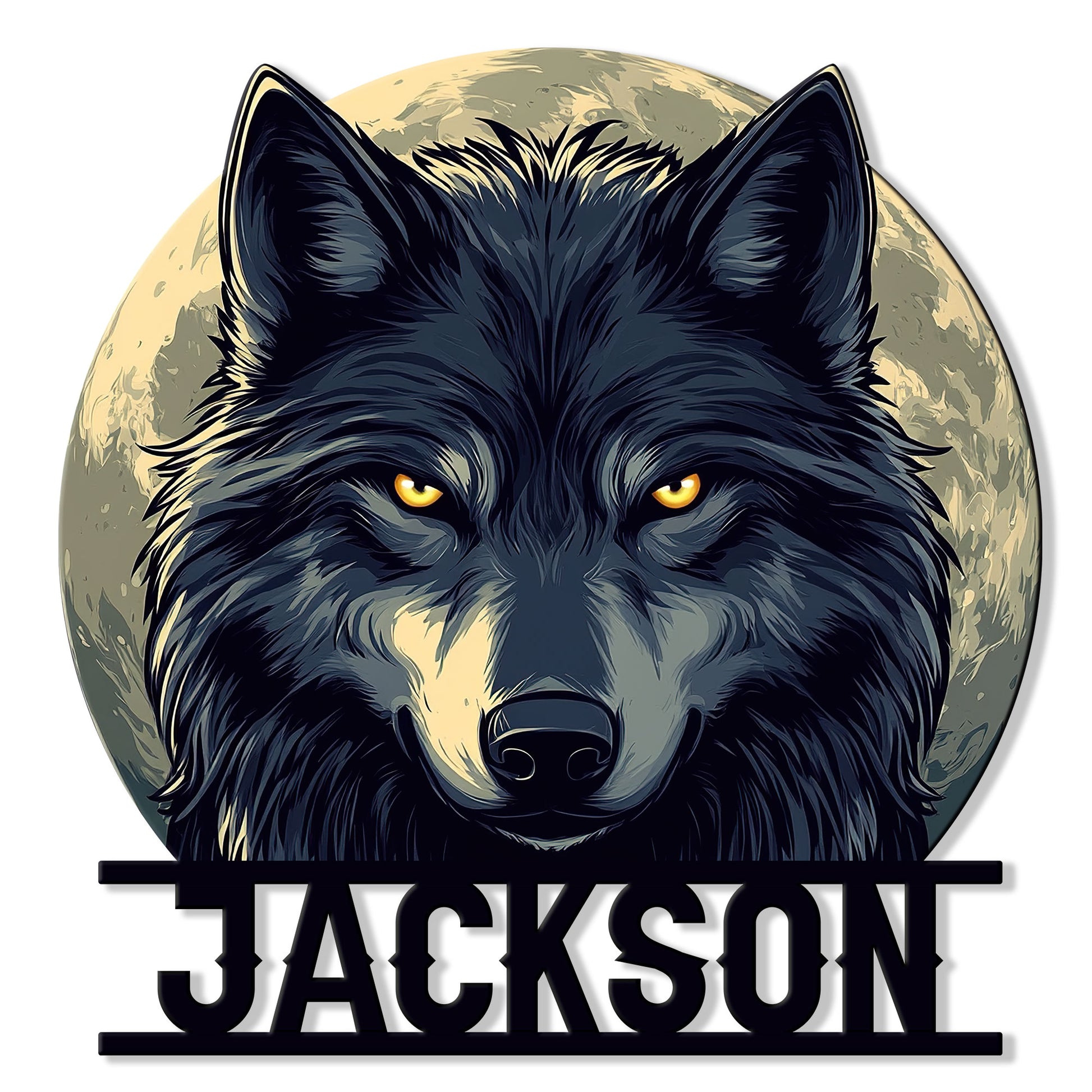 Detailed wolf portrait metal sign with glowing eyes, full moon backdrop, and bold cutout wall decor design
