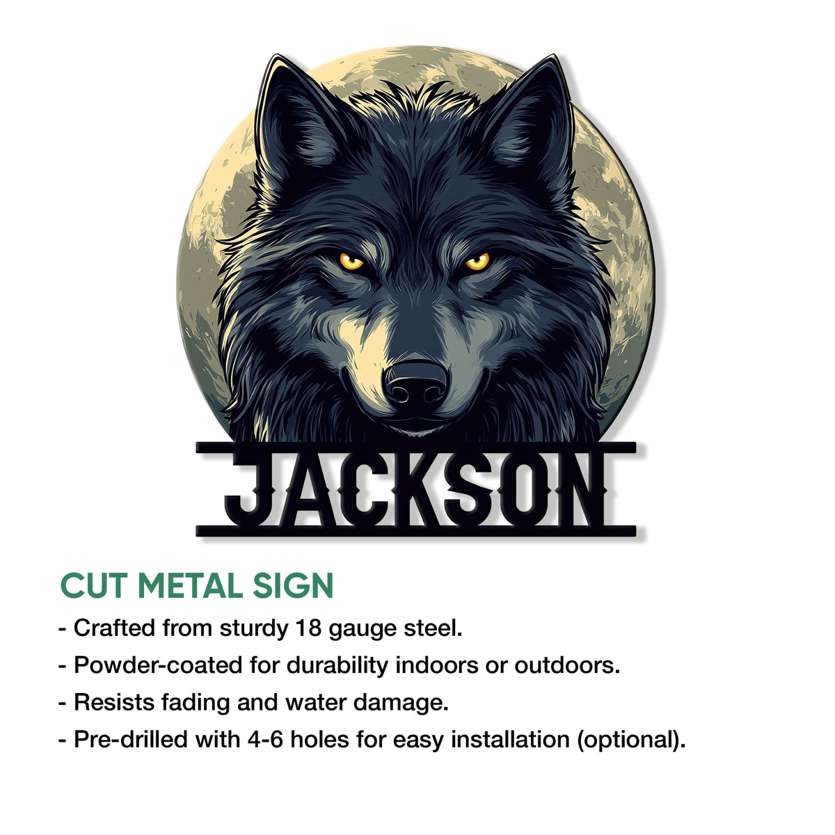 Wolf metal sign feature graphic showing the cut metal design and indoor or outdoor display details