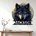 Wolf moon metal sign displayed above a rustic console table in a bright wood-paneled entryway