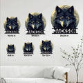 Wolf metal sign size guide showing six square size options from 8x8 to 24x24 inches