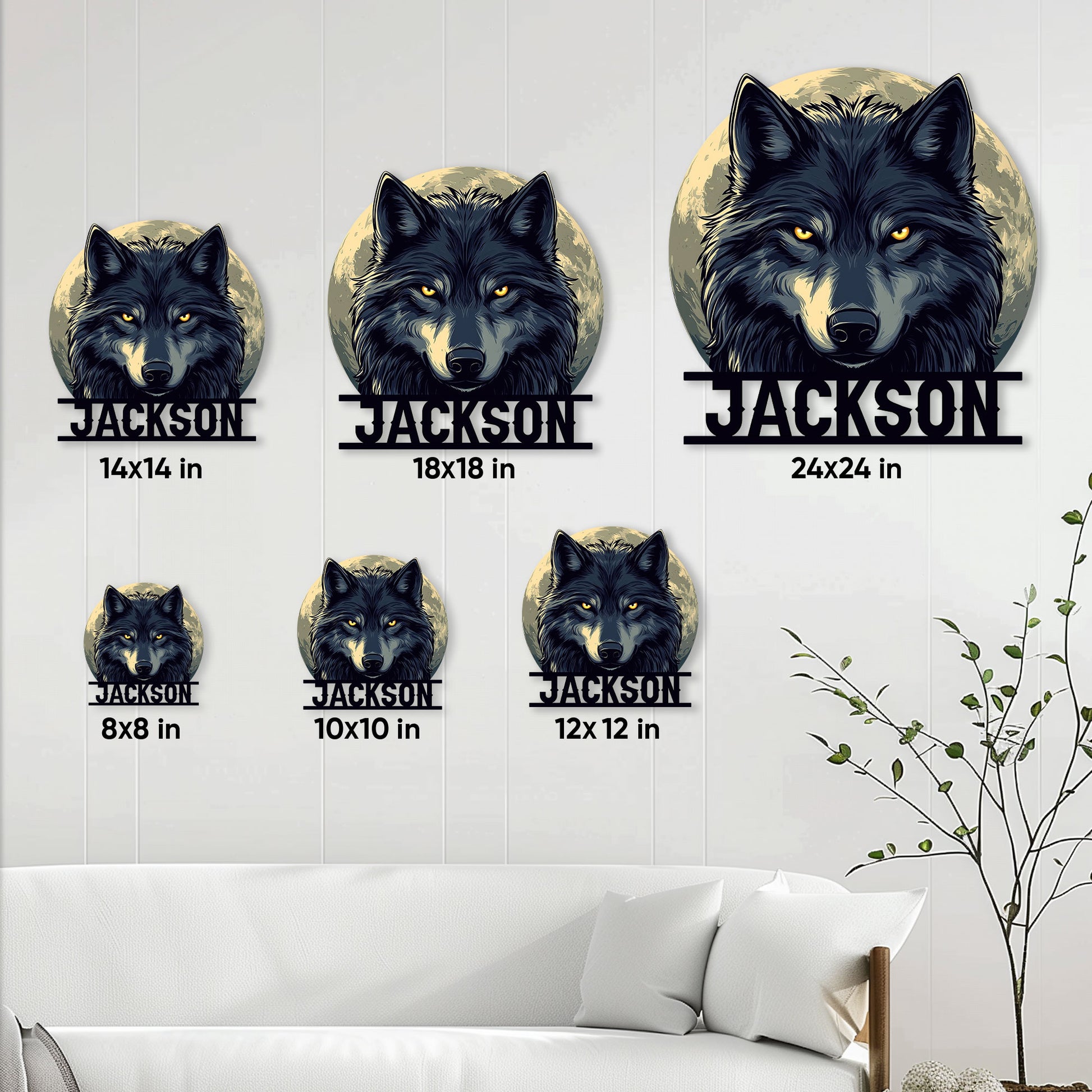 Wolf metal sign size guide showing six square size options from 8x8 to 24x24 inches