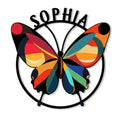 Colorful butterfly metal sign with vibrant geometric wings inside a circular frame