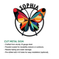 Colorful butterfly metal sign product feature graphic showing cut steel construction and installation options