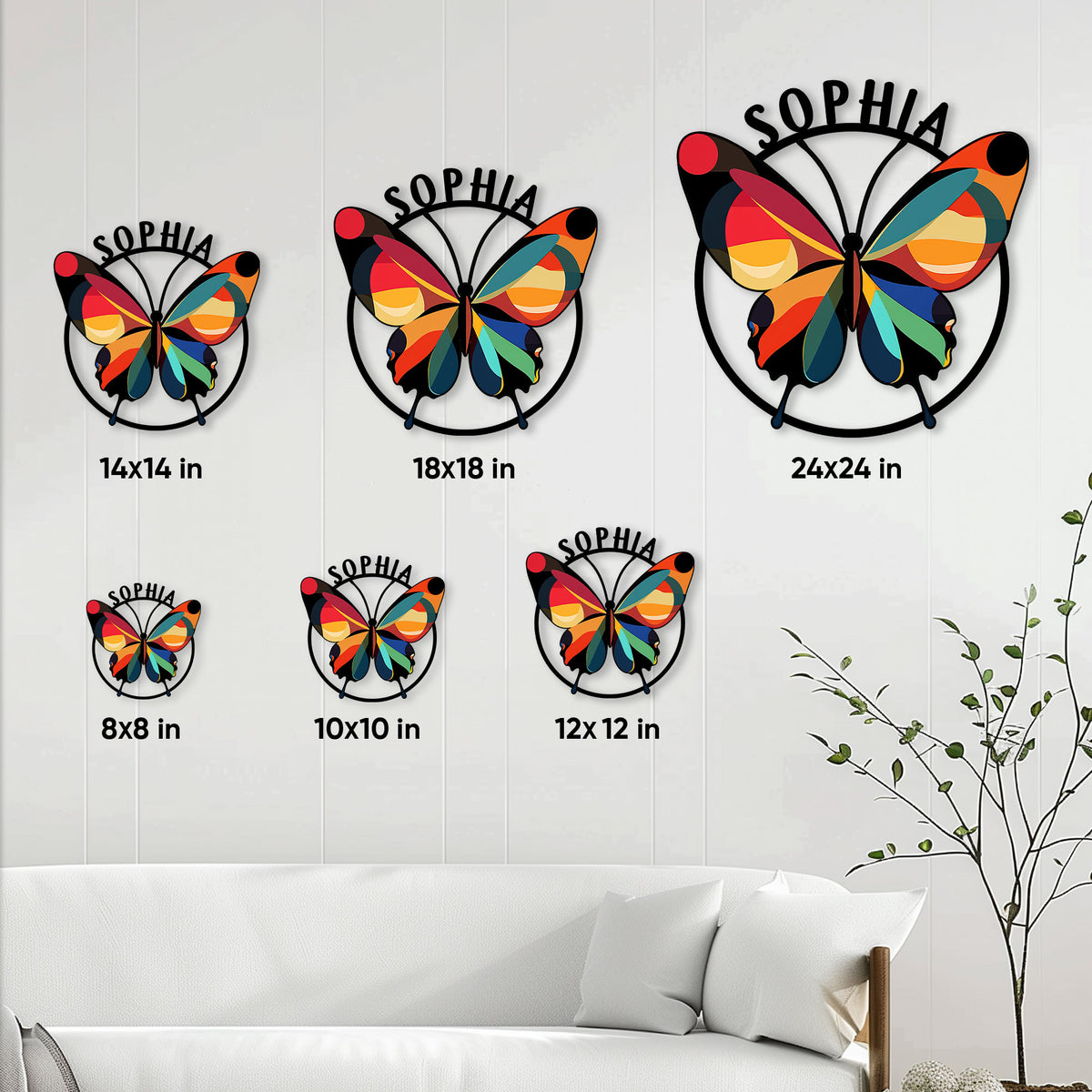 Butterfly metal sign shown in multiple size options above a modern living room sofa