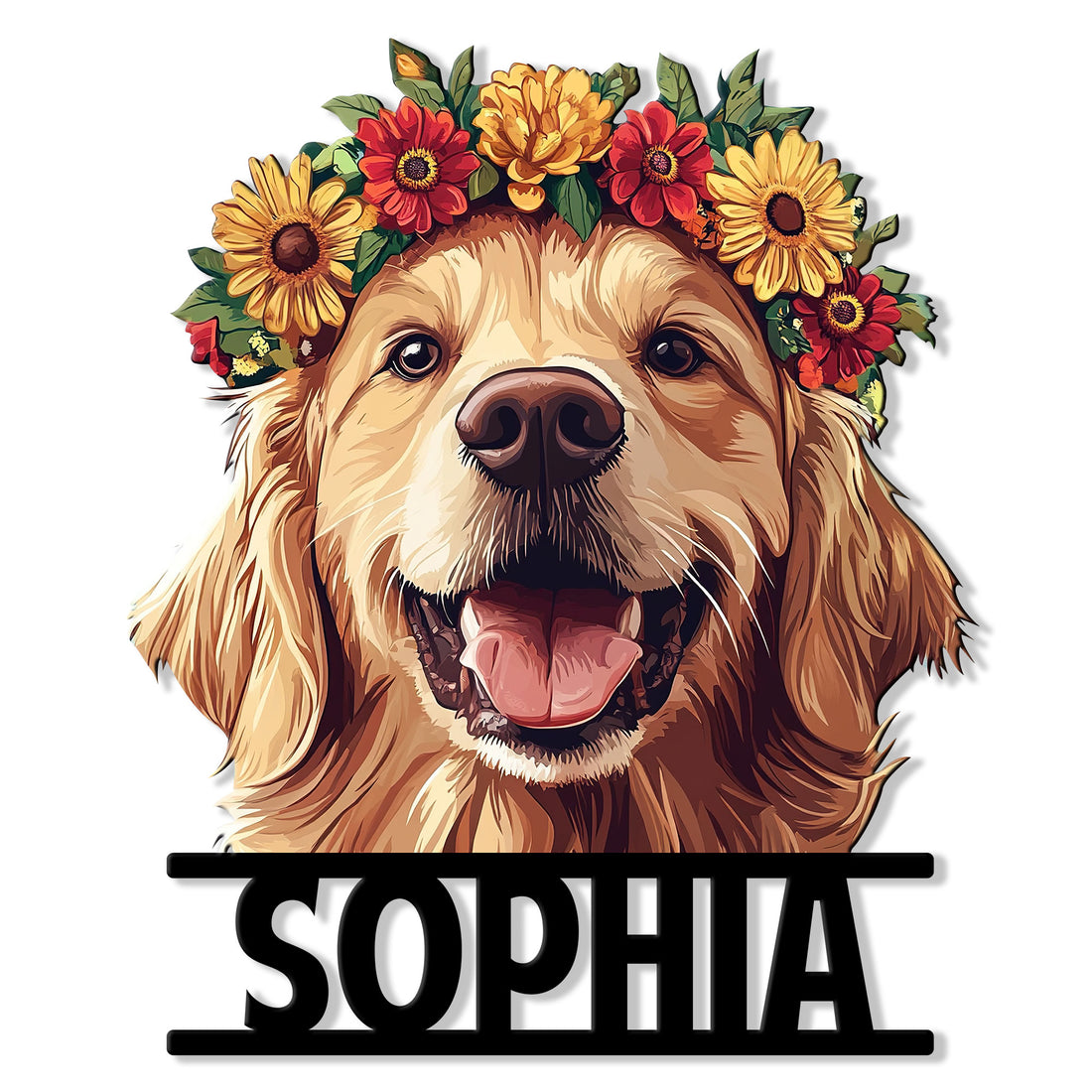 Golden Retriever metal sign featuring a joyful dog portrait framed by colorful flowers
